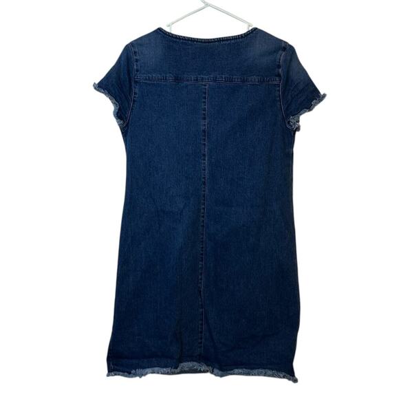 Nanette Lepore Embroidered Floral Denim Dress Size M Pockets Frayed - Picture 2 of 8